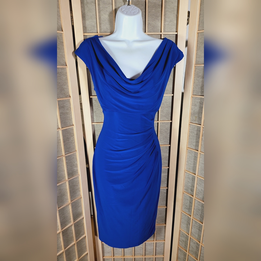 LAUREN RALPH LAUREN WEAR TO WORK DRESS ROYAL BLUE WASHABLE SLIMMING DROOPNECK 8
